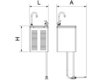 Plano técnico con cotas de instalación — Fuente mural refrigerada de agua fría Cold+ con grifo a pedal Fricosmos