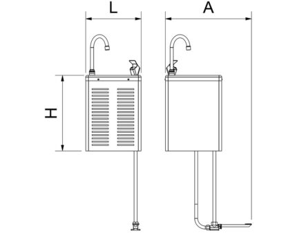 Plano técnico con cotas de instalación — Fuente mural refrigerada de agua fría Cold+ con grifo a pedal Fricosmos