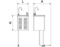 Plano técnico con cotas de instalación — Fuente mural refrigerada de agua fría Cold+ con llenajarras a pedal Fricosmos