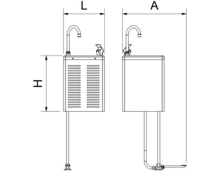 Plano técnico con cotas de instalación — Fuente mural refrigerada de agua fría Cold+ con llenajarras a pedal Fricosmos