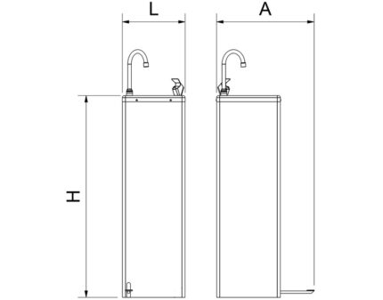 Plano técnico con cotas de instalación — Fuente refrigerada de agua fría Cold+ con llenajarras a pedal Fricosmos