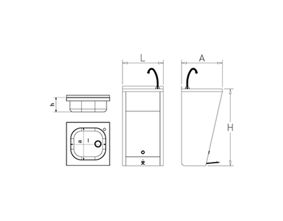 Plano técnico con cotas de instalación — Lavamanos registrable con pedal Fricosmos