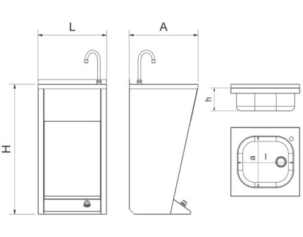 Plano técnico con cotas de instalación — Lavamanos registrable negro con pedestal un pulsador agua fría y caliente 450x450x850 mm Fricosmos