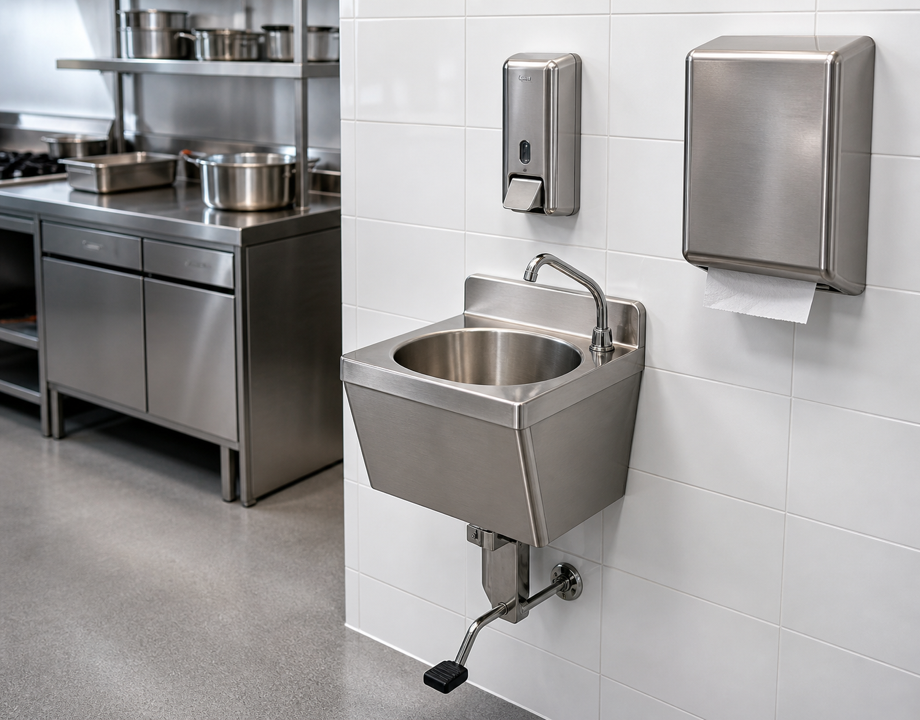 Zona de higiene de una cocina profesional con lavamanos inox de pedal, dispensador de papel y dosificador de jabón