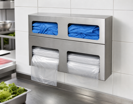 Dispensador mural inox de guantes desechables y bolsas en una zona de manipulación de alimentos