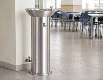 Fuente de agua de columna de acero inoxidable con pulsador en un comedor de colectividad