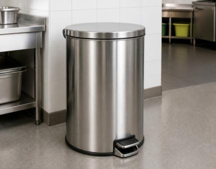 Contenedor de desperdicios inox de 120 litros con tapa y pedal en una cocina profesional