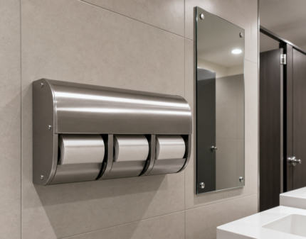 Dispensador triple de papel higiénico y espejo antivandálico inox en un baño público de restaurante