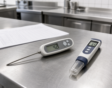 Termómetro digital y medidor de calidad del aceite sobre mesa de trabajo inox con registro APPCC