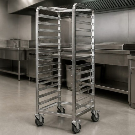 Carro inox profesional portabandejas GN en cocina industrial de acero inoxidable