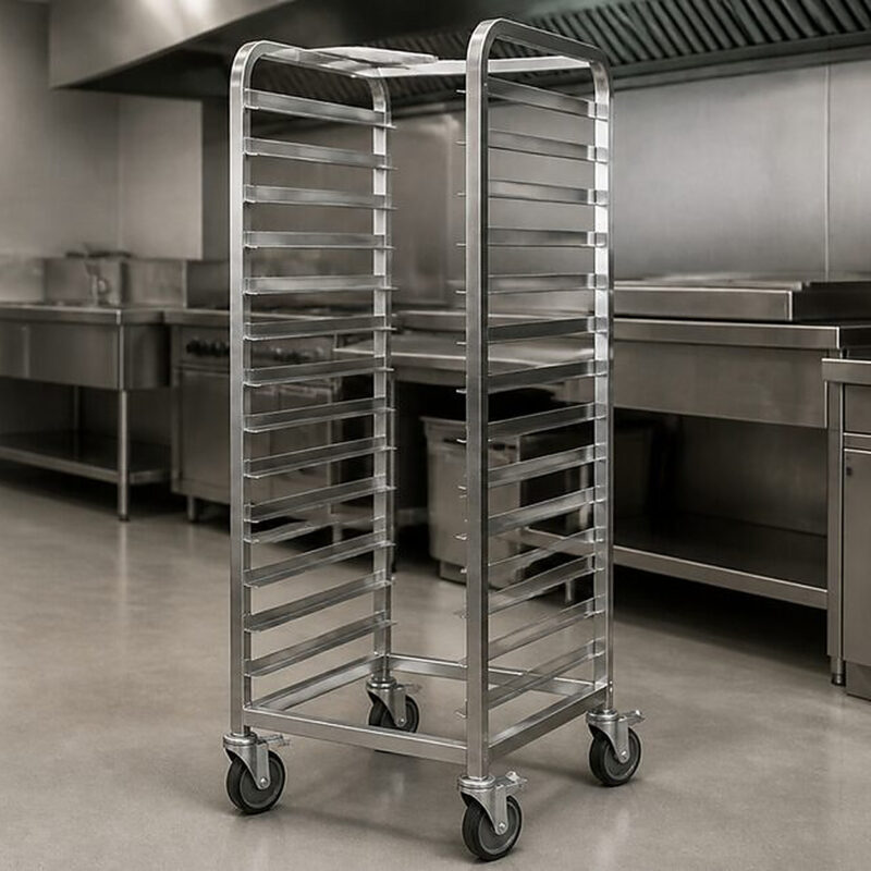 Carro inox profesional portabandejas GN en cocina industrial de acero inoxidable