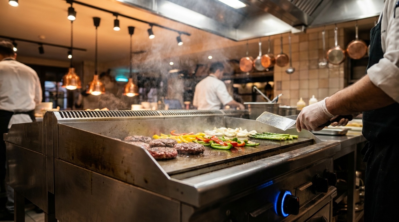 plancha industrial a gas en cocina profesional