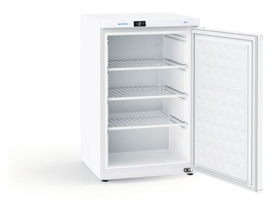 congelador-infrico-cv130hc-blanco-920x720-1 Congelador vertical compacto 112L Infrico CV 130 HC blanco con puerta abierta