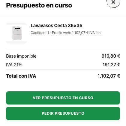 Panel «Presupuesto en curso» con un equipo, la base imponible, el IVA y el total