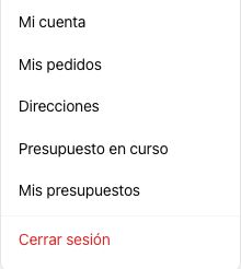 Menú de la cuenta con «Presupuesto en curso» y «Mis presupuestos»